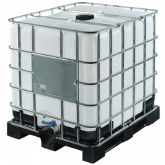 1000 Litre Reconditioned IBC with a white bottle, plastic pallet, lid and 2" valve