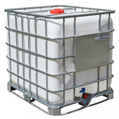 1000 litre reconditioned IBC with an opaque white bottle on a steel pallet