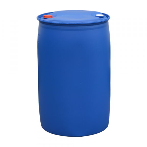 Blue 220 Litre UN Approved Plastic Tight Head Barrel with a red lid and threaded plug