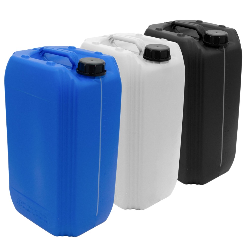Three 25 litre jerry cans with anti-tamper lids, each can is a different colour - blue, translucent (natural) and black.