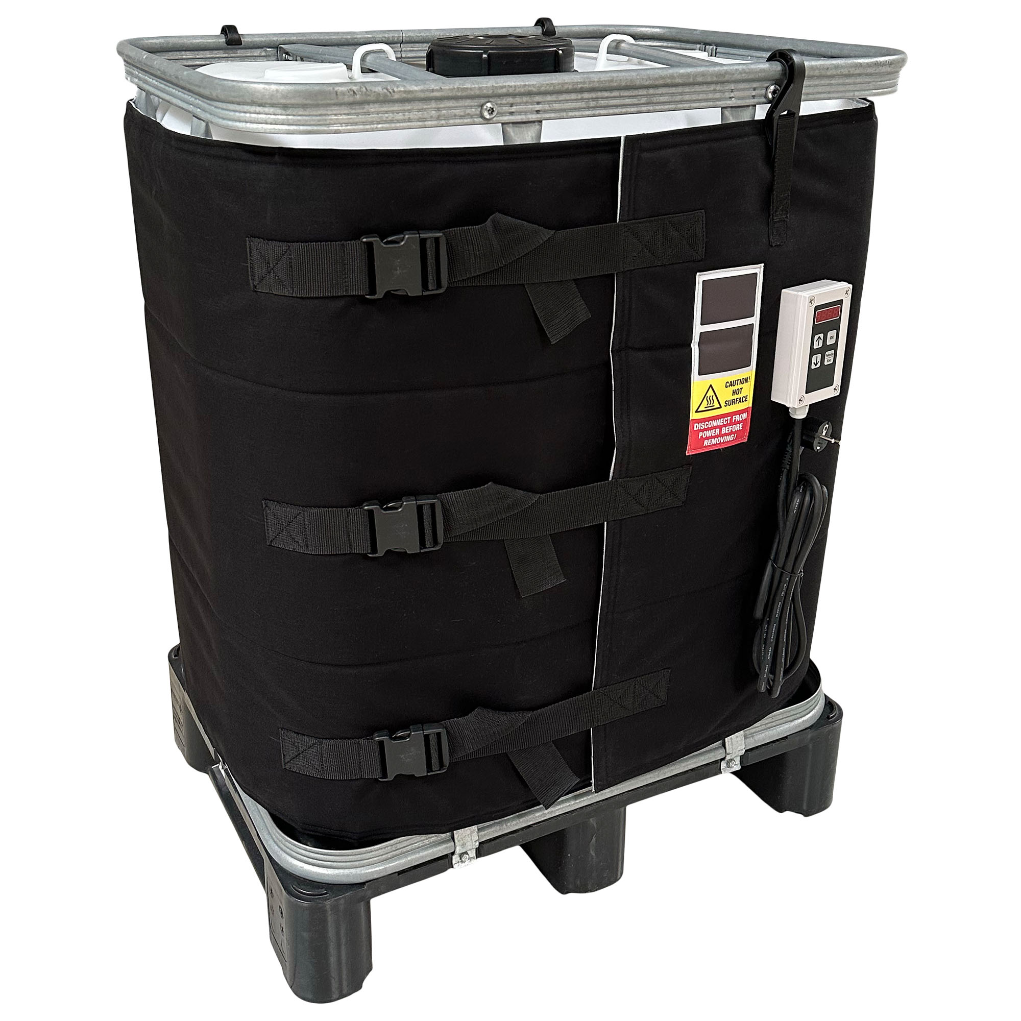 300L IBC with black heater jacket with quick attach buckles