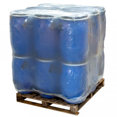 Eighteen 60 Litre Open Head Plastic Drums shrink-wrapped on a wooden pallet