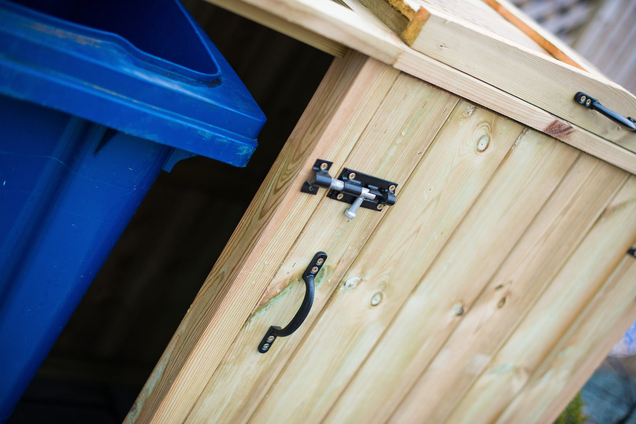 Quad Chest Timber Wheelie Bin Store - one door open