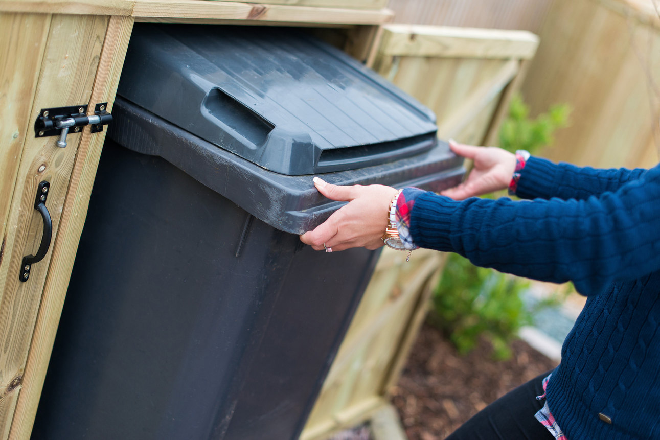 Quad Chest Timber Wheelie Bin Store - wheelie bin pulled out of store