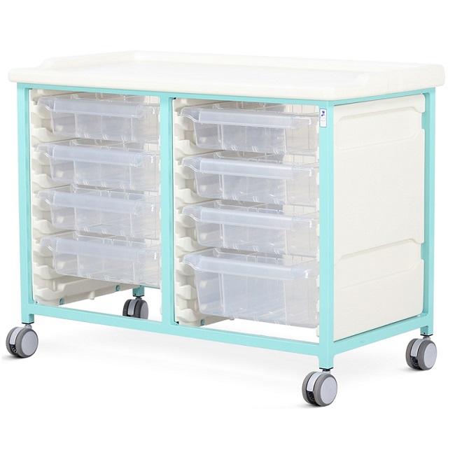 Steel Low Level Double Column Tray Trolley - 7 Small and 1 Deep Drawers