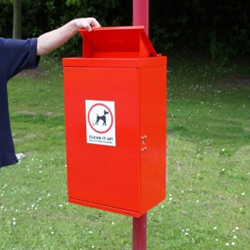Post Mountable Front Opening Galvanised Steel Dog Waste Bin with Chute - lid open
