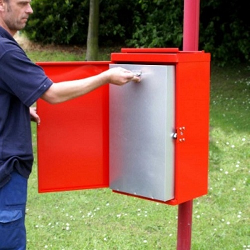 Post Mountable Front Opening Galvanised Steel Dog Waste Bin with Chute - opened