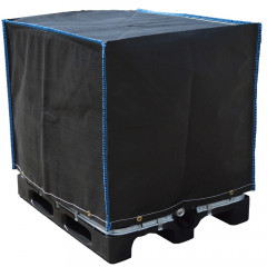 Black waterproof IBC cover housed on an IBC with only its pallet exposed