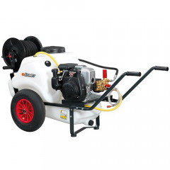 Wheelbarrow pressure washer with water tank, engine driven pressure washer, hose reel, stand, and pneumatic tyres