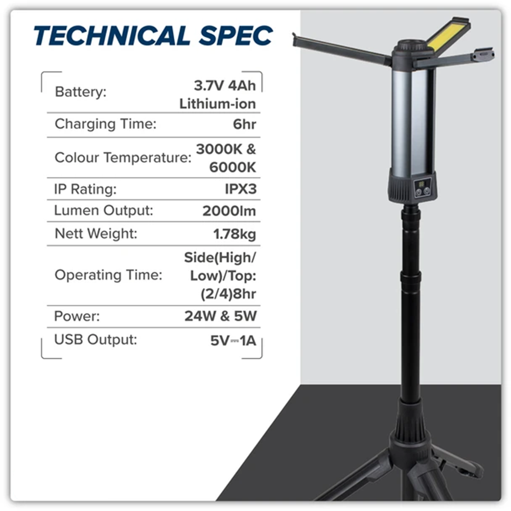 Rechargeable Flexible Floodlight with Tripod 24W COB LED & 5W SMD LED