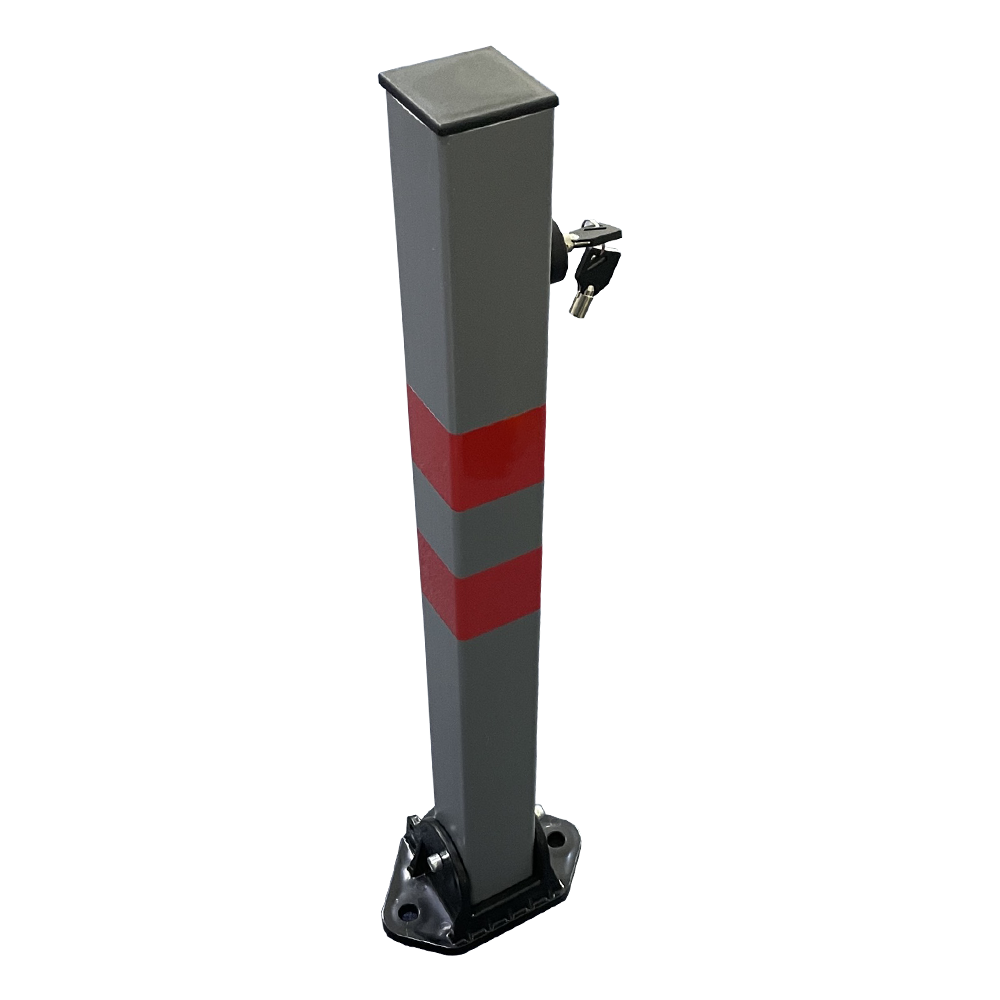 Grey plastic folding parking bollard stood up.