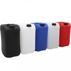 Range of 25 litre jerry cans in black, white, blue, translucent and red each with lids