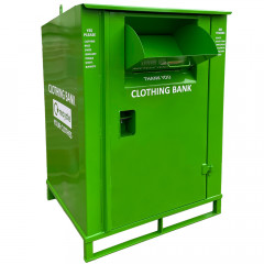 Green 1700 litre lockable clothing donation bin.
