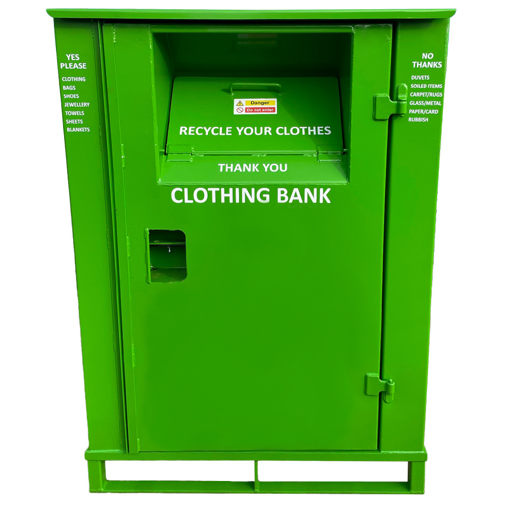 Green 1700 litre lockable clothing donation bin.