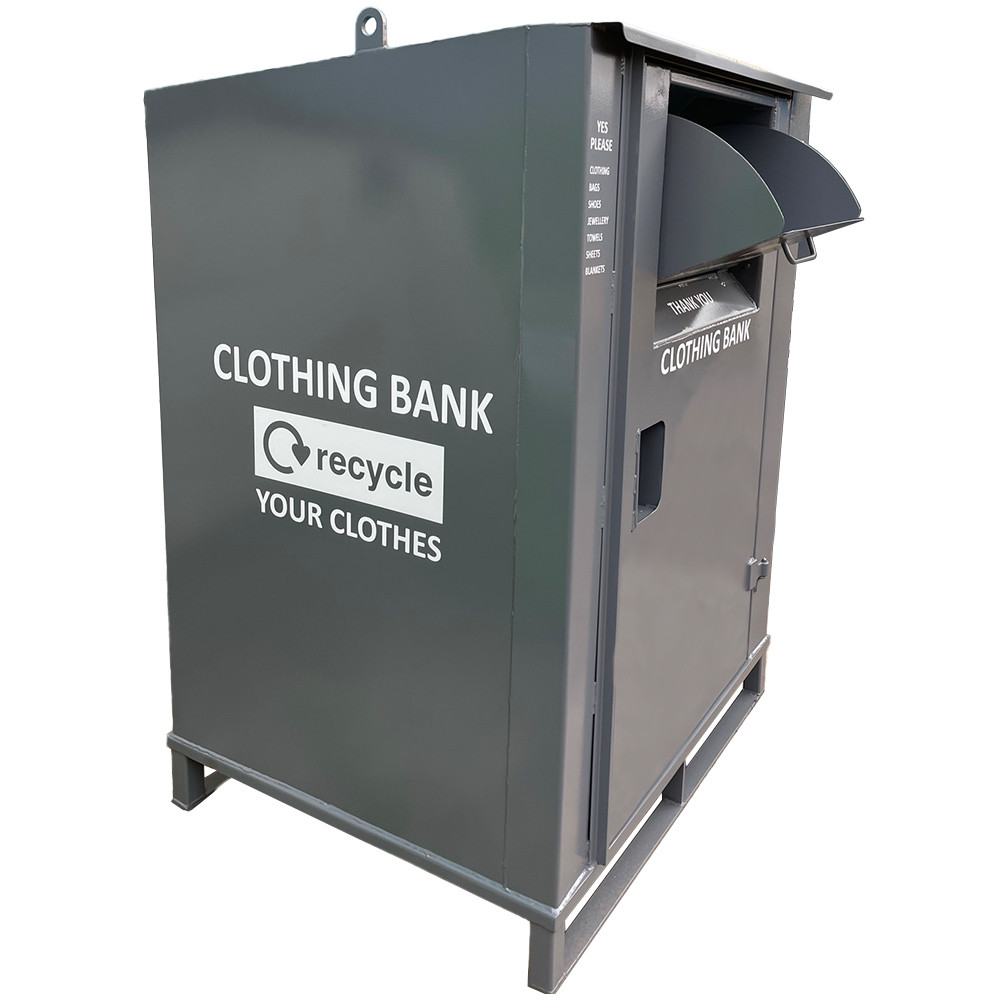 Grey 1700 litre lockable clothing donation bin.