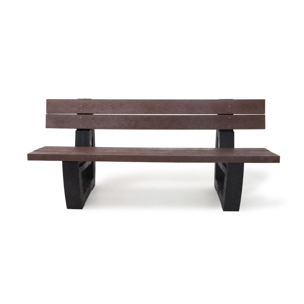 Recycled plastic park seat in brown and black.