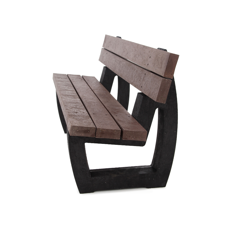 Recycled plastic park seat in brown and black.