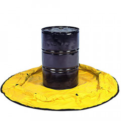 Yellow pop up spill bund with black oil drum placed in the centre