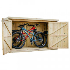 Wooden bike/garden storage unit to protect outdoor items.