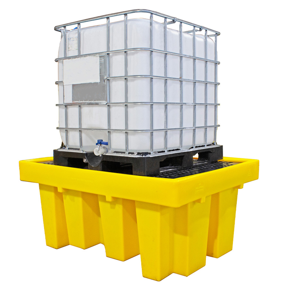 A large yellow spill bund, with a water tank sitting on top