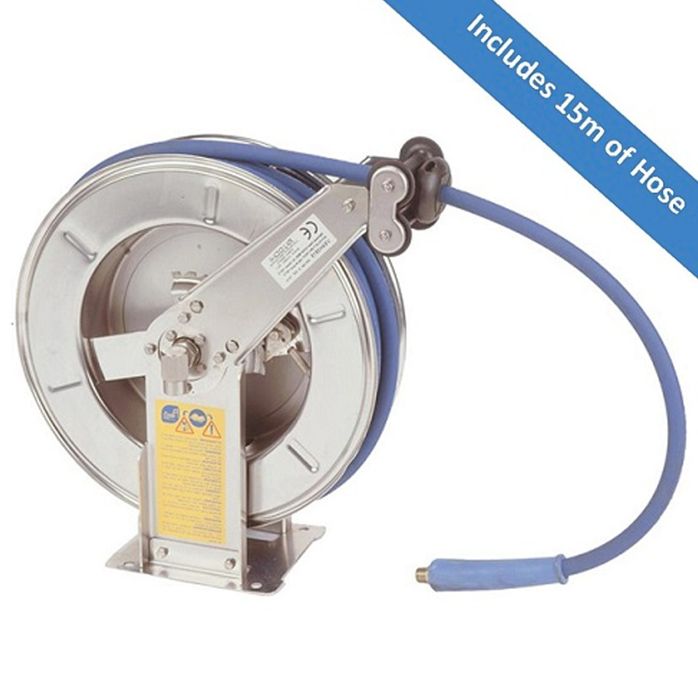 Stainless steel hose reel with mounting plate and high pressure hose. "Includes 15m of hose"