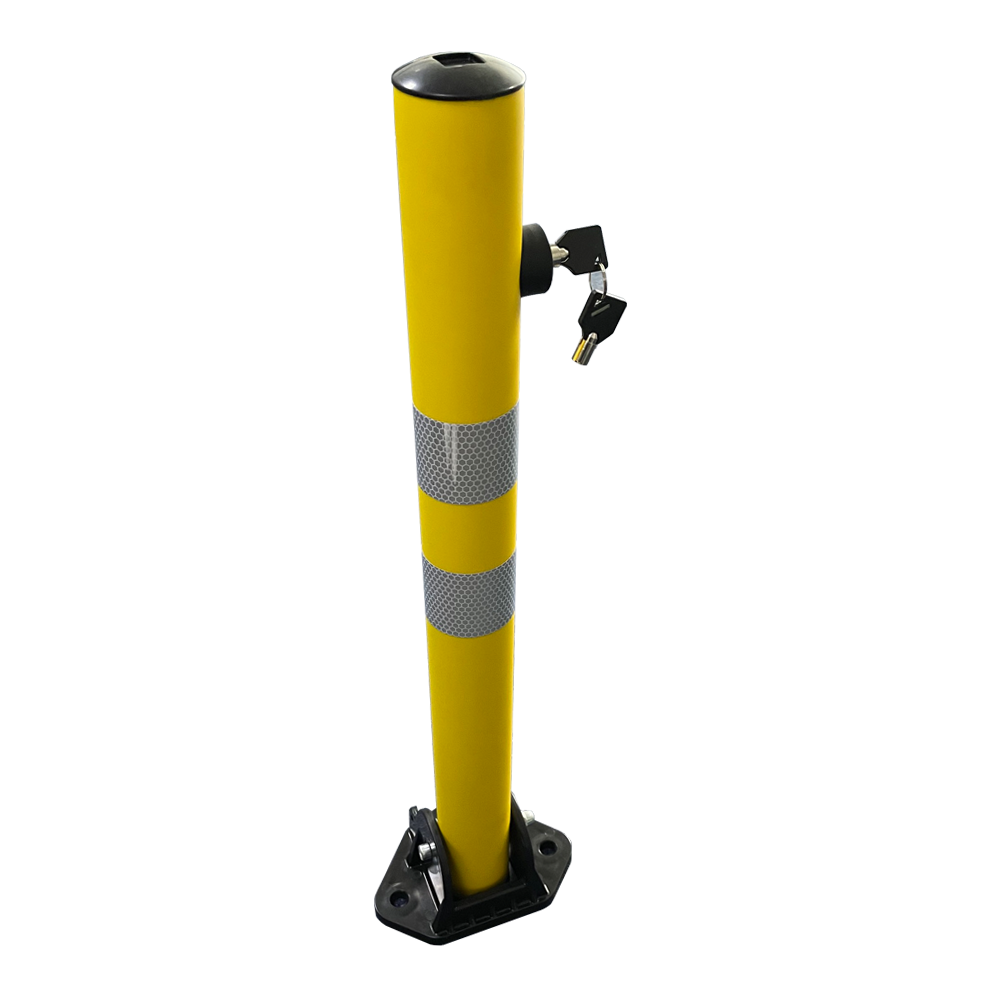 Yellow plastic folding parking bollard stood up.