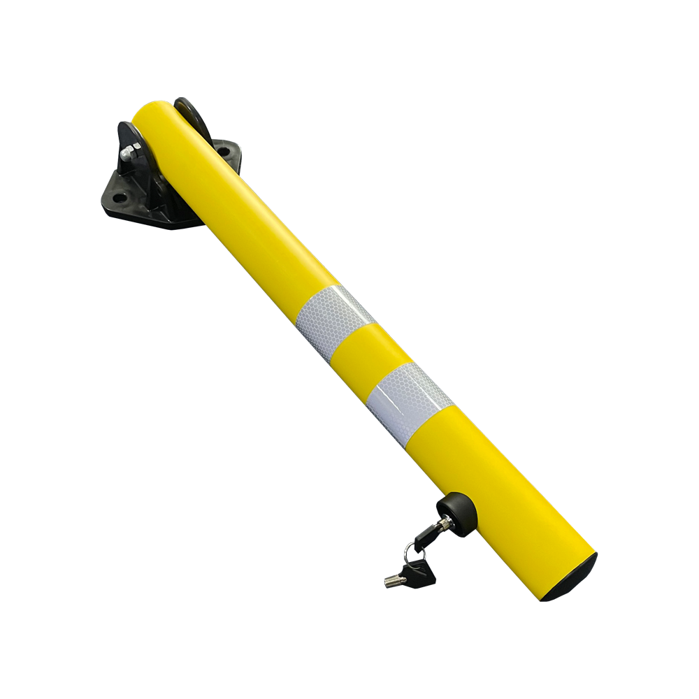 Yellow plastic folding parking bollard folded down ready for parking.