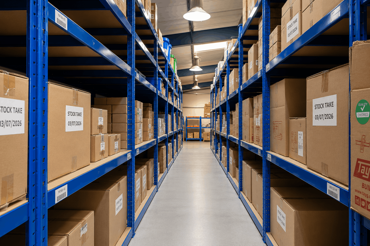 Aisle of boxed stock on blue racking